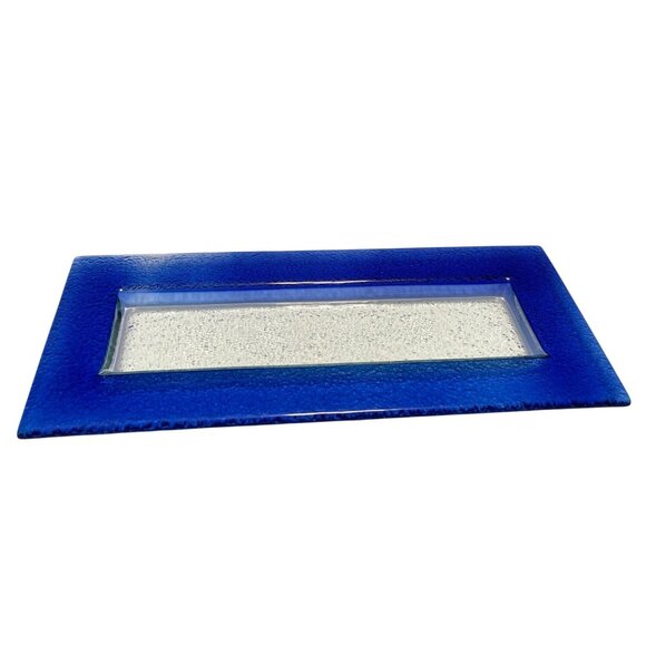 Long Rectangular Cobalt Blue Art Glass Display Tray Dish Platter Candle Holder - Picture 3 of 10